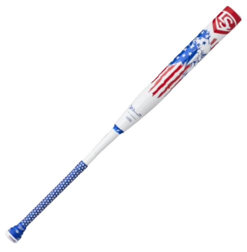 A white, blue, and red Scott Hartling 2024 Genesis 2 Piece Endload USSSA Bat